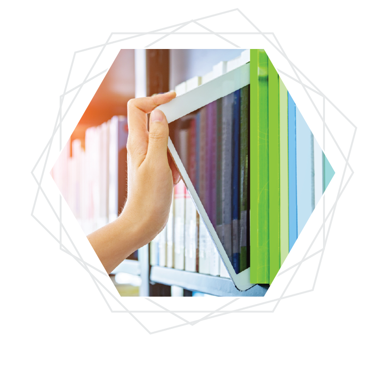 Person placing a tablet in to a library with other content offers