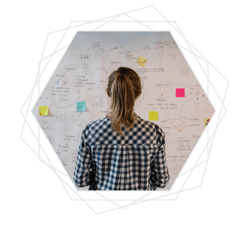 Woman looking at whiteboard depicting marketing strategy